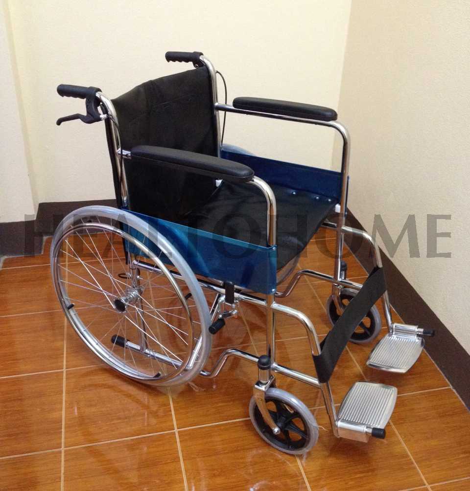 K002-CA905H รถเข็นผู้ป่วย เหล็กชุบโครเมี่ยม ล้อซี่ลวด เบาะหนัง มีเบรคมือ มีเข็มขัด (ส่งฟรี)