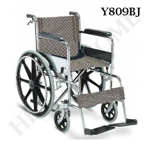 K003-Y809BJ รถเข็นผู้ป่วย เหล็กชุบ ล้อแม็กซ์ เบาะผ้า สก็อตน้ำตาล มีเบรคมือ มีเข็มขัด (ส่งฟรี)