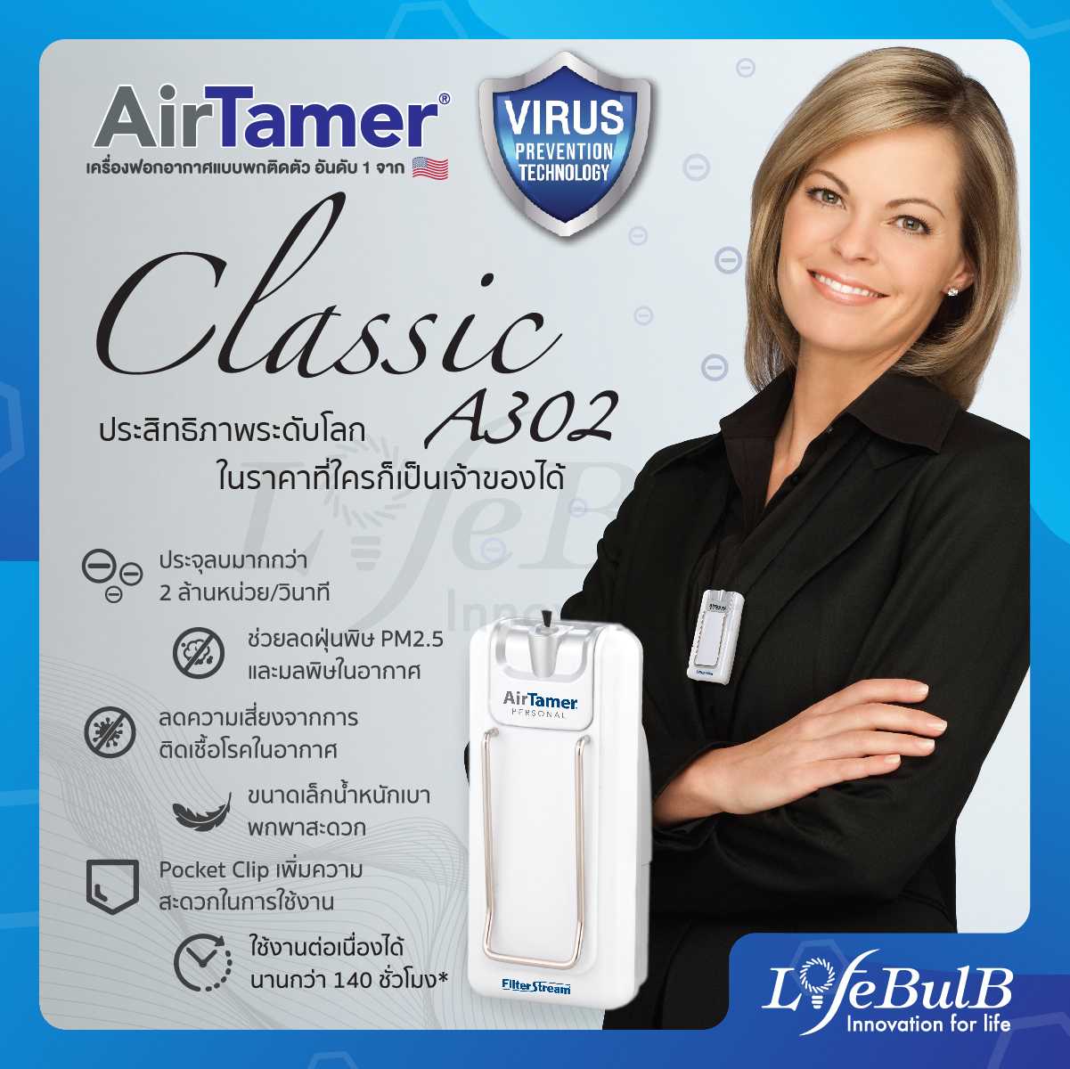 AirTamer® เครื่องฟอกอากาศแบบพกติดตัว รุ่น A302