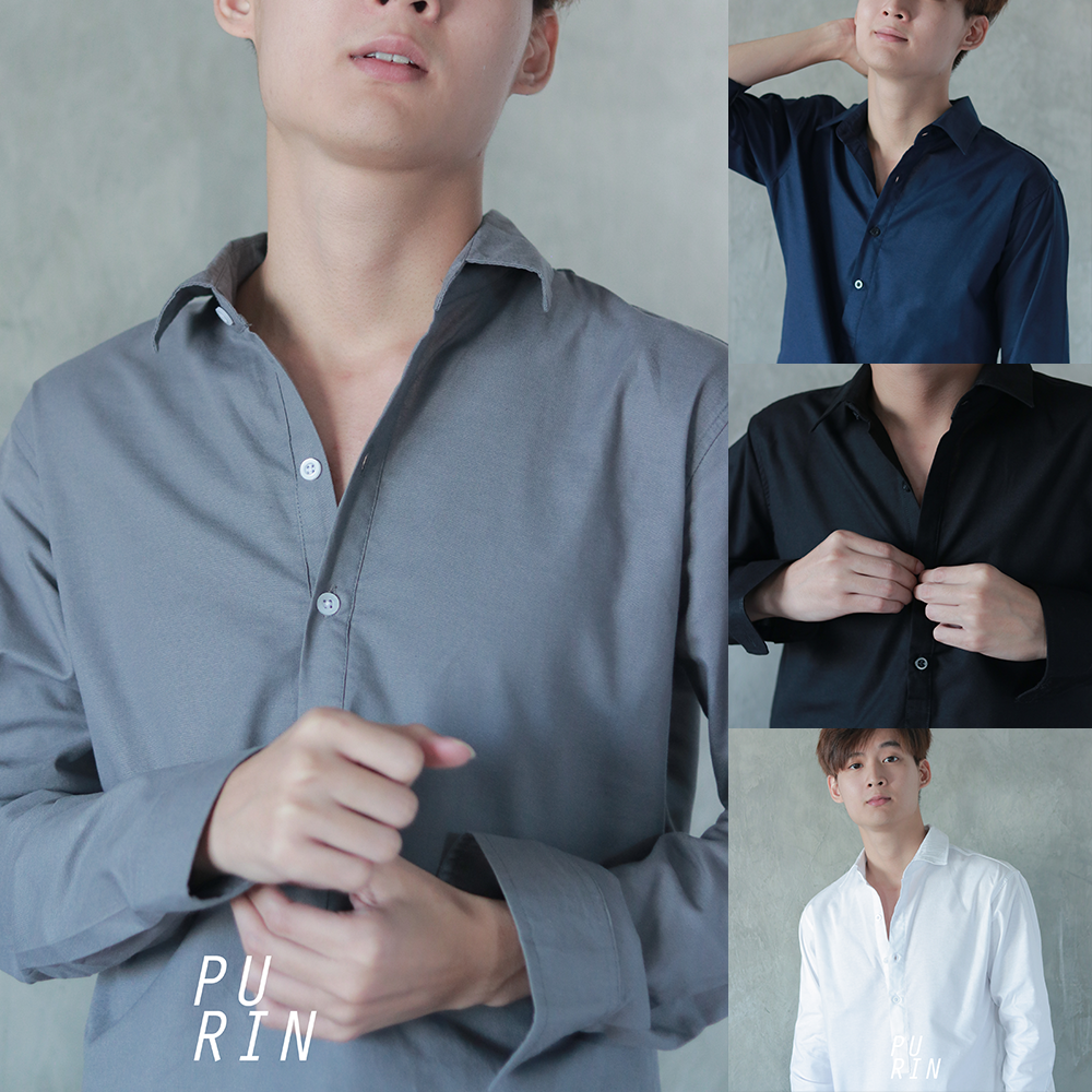 Purinmens เสื้อเชิ้ตกระดุมครึ่งตัว ผ้าคอตต้ิอนผสมลินิน  คอปก แขนยาว รุ่น  W Half
