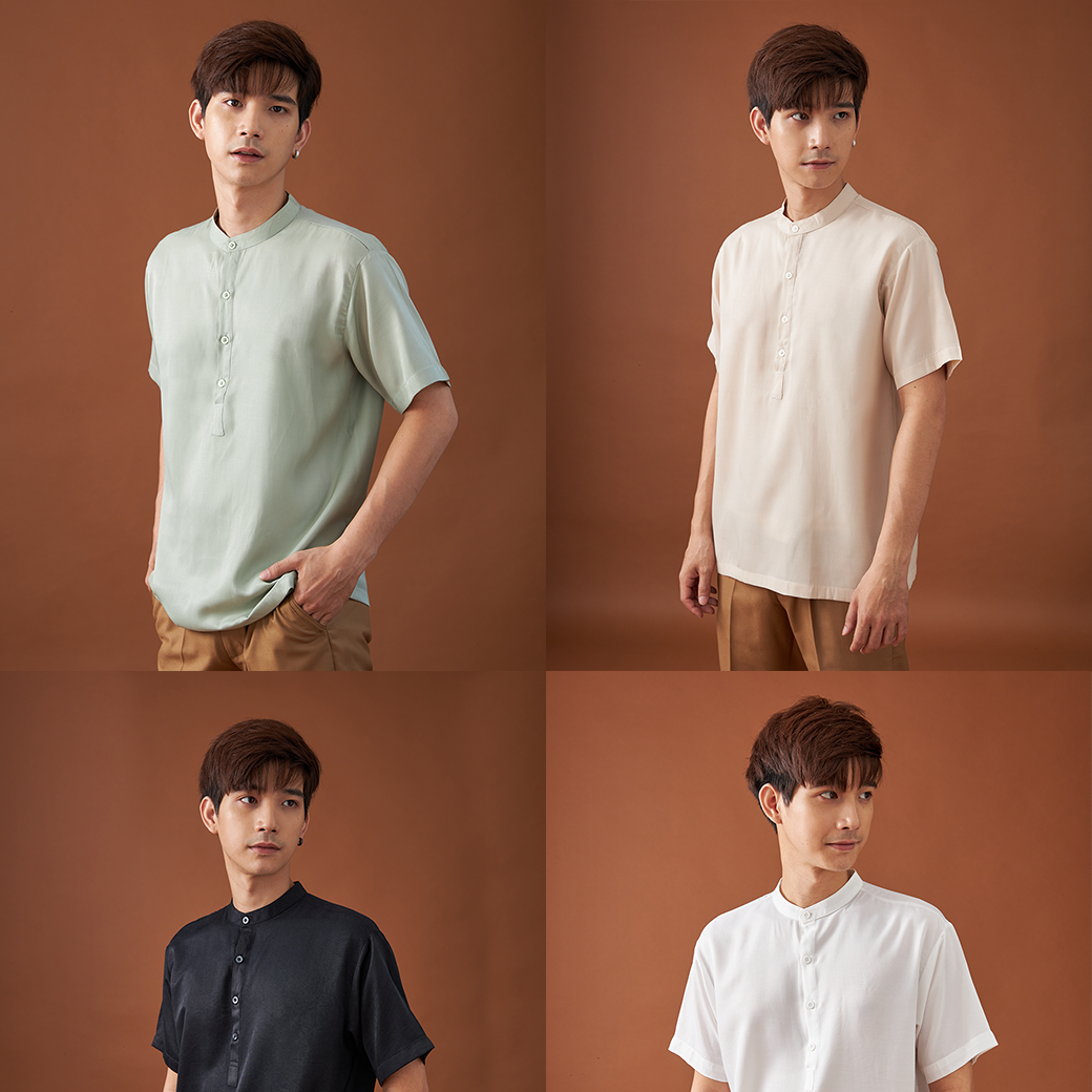 Purinmens J collection เสื้อเชิ้ตคอจีนแขนสั้น กระดุมครึ่งตัว