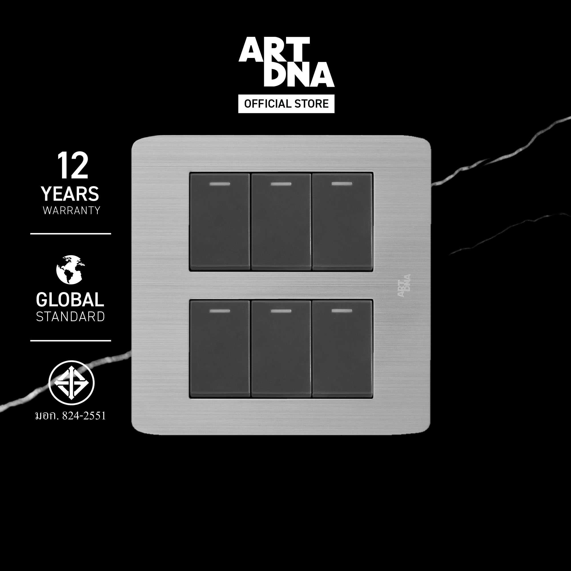 ART DNA  รุ่น A89 Switch 6 Gang Size S สีสแตนเลส + สีเทา ขนาด 4x4 สวิตซ์ไฟโมเดิร์น สวิตซ์ไฟสวยๆ