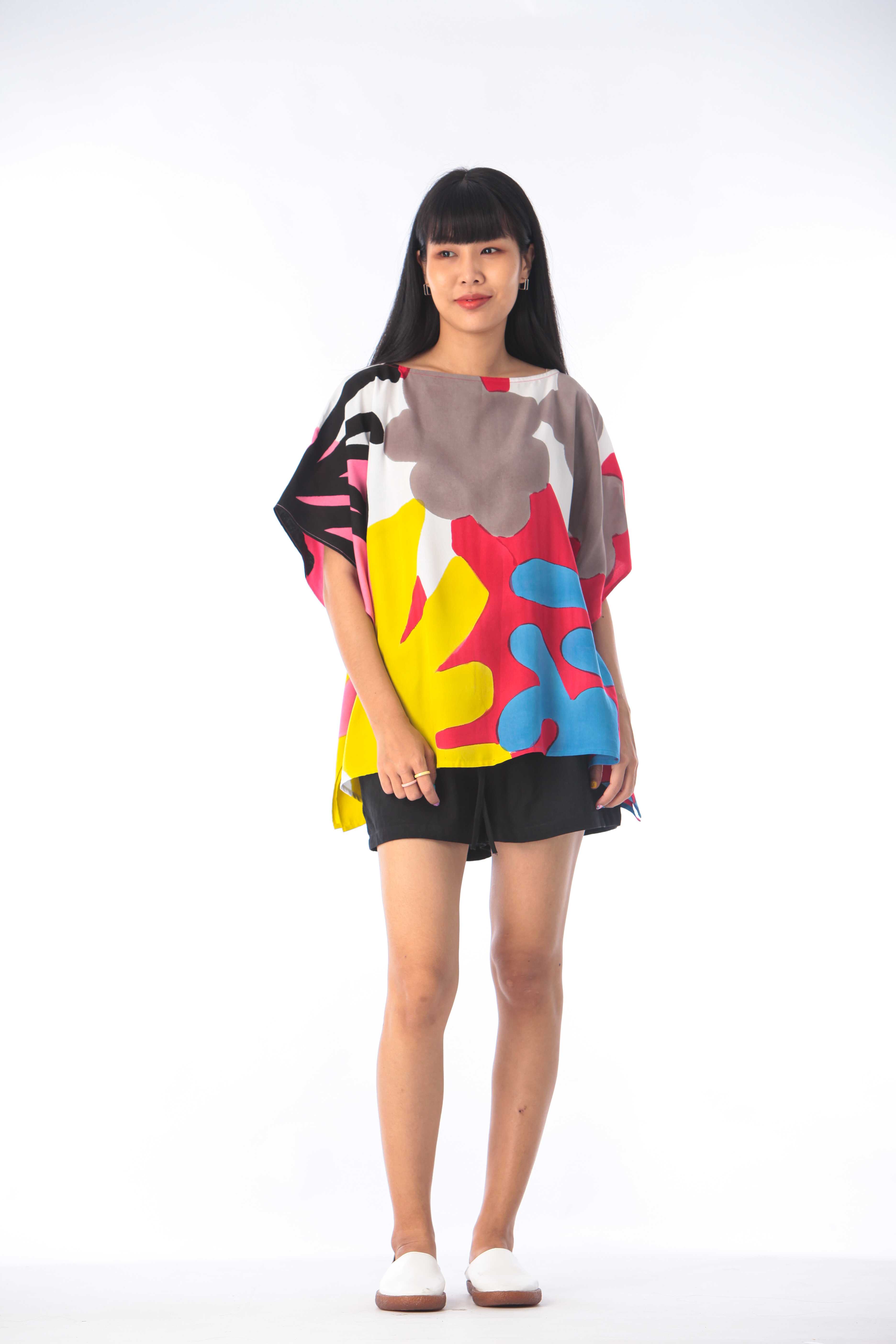 (Pre-order)Poncho Blouse Normal Size Cotton Rayon Hand paint For Summer Beach Vacation