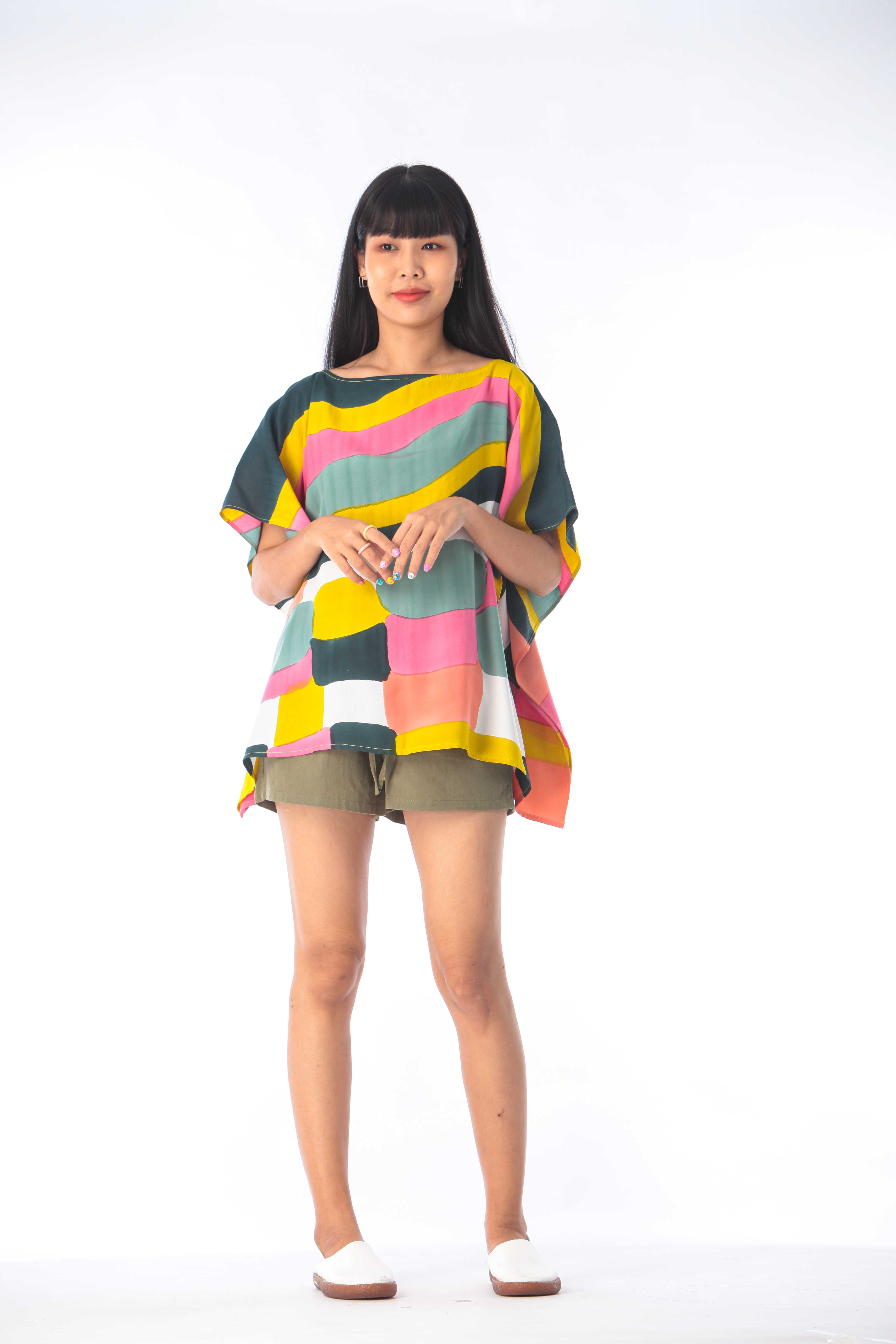(Pre-order) Poncho Blouse Normal Size Cotton Rayon Hand paint For Summer Beach Vacation