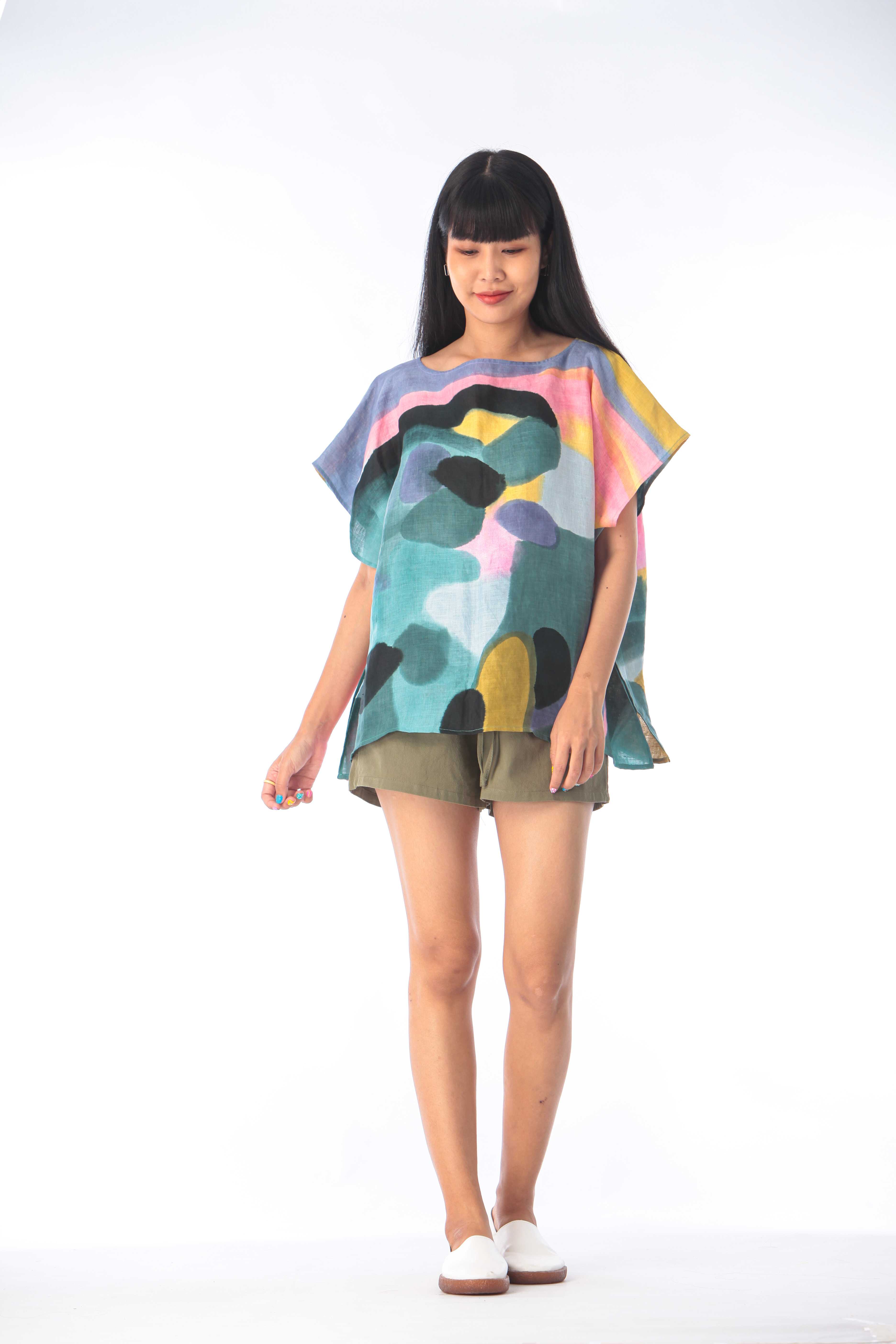 (Pre-order)Poncho Blouse Normal Size Linen Hand paint For Summer Beach Vacation