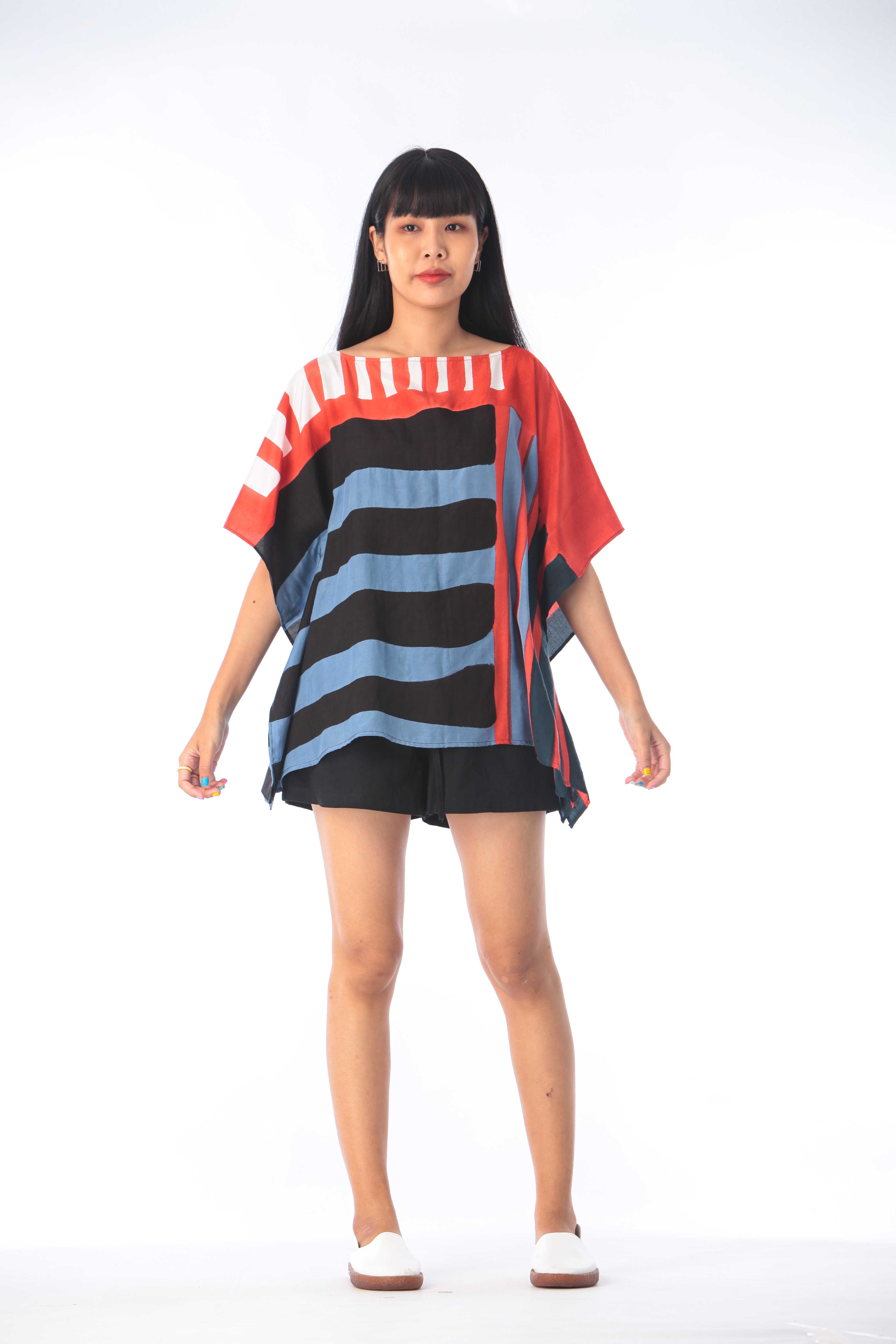 (Pre-Order)Poncho Blouse Normal Size Cotton Rayon Hand paint For Summer Beach Vacation