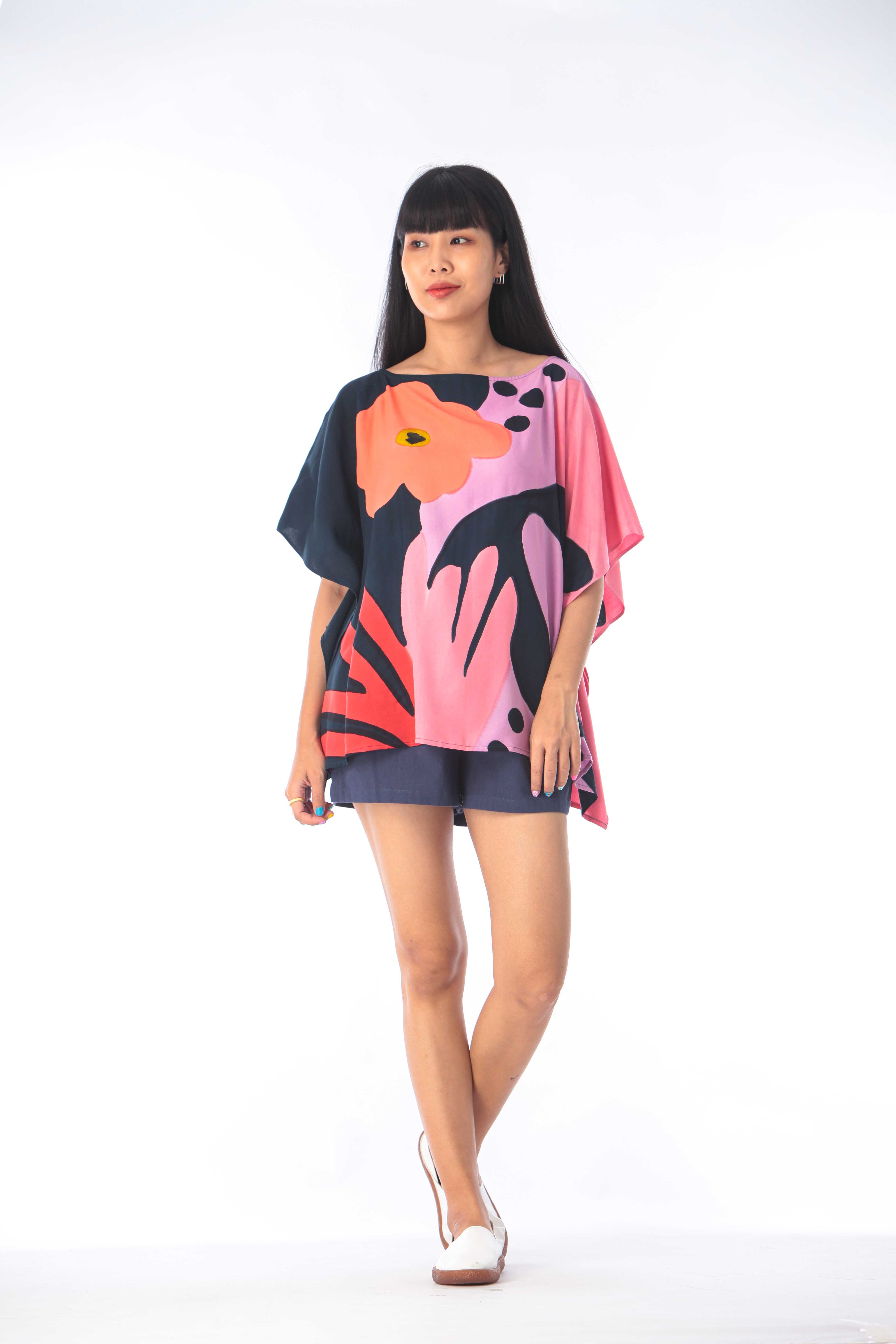 (Pre-order)Poncho Blouse Normal Size Cotton Rayon Hand paint For Summer Beach Vacation