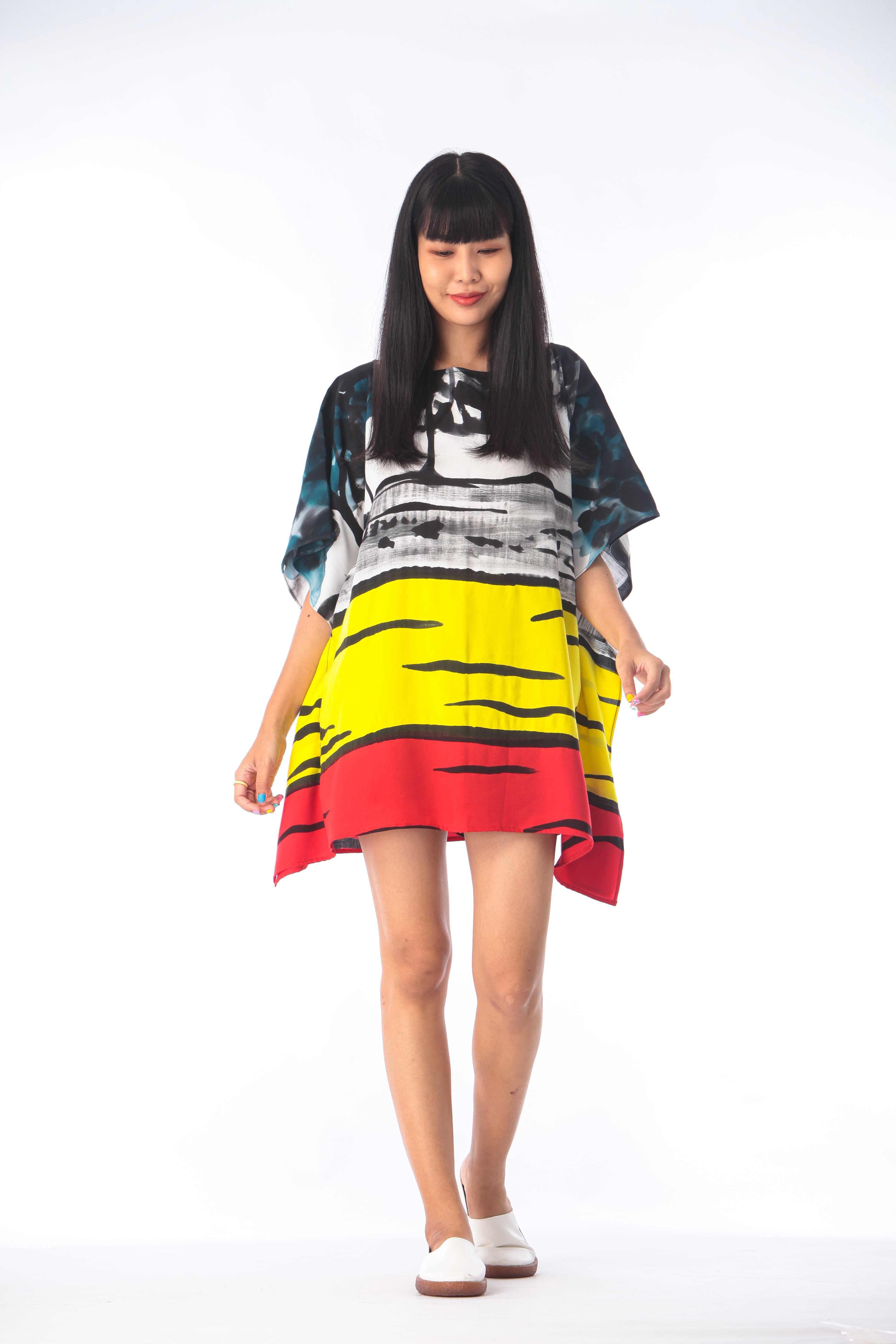 (Pre-order)Poncho Blouse Big Size Cotton Rayon Hand paint For Summer Beach Vacation