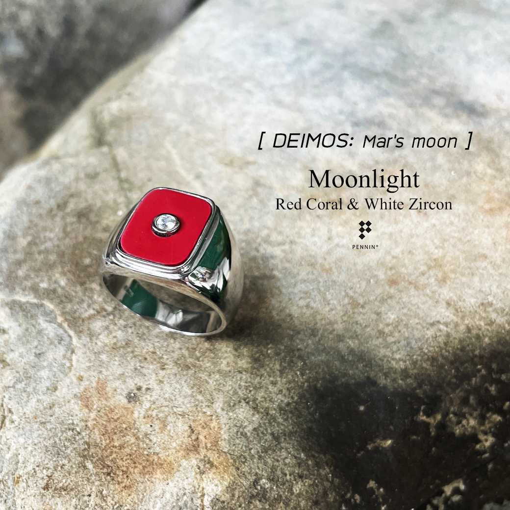 RM87137 Moonlight: DEIMOS แหวนปะการังแดง Red Coral ฝังเพทายกลาง เงินแท้ 925 ชุบทองคำขาว