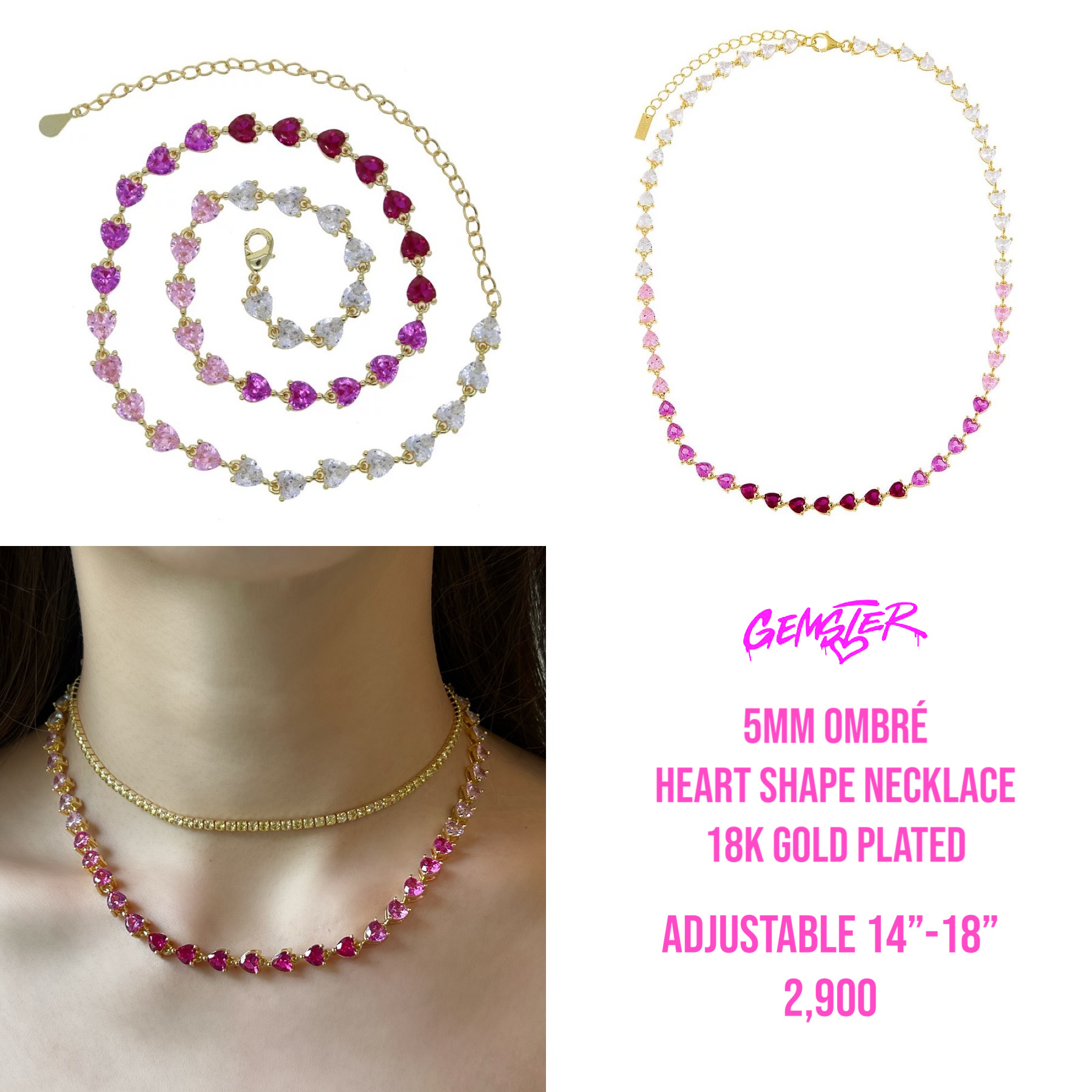 [พร้อมส่ง] 5mm Ombre Heart Shape Necklace 18k Gold Plated (size adjustable 14 inch-18 inch)