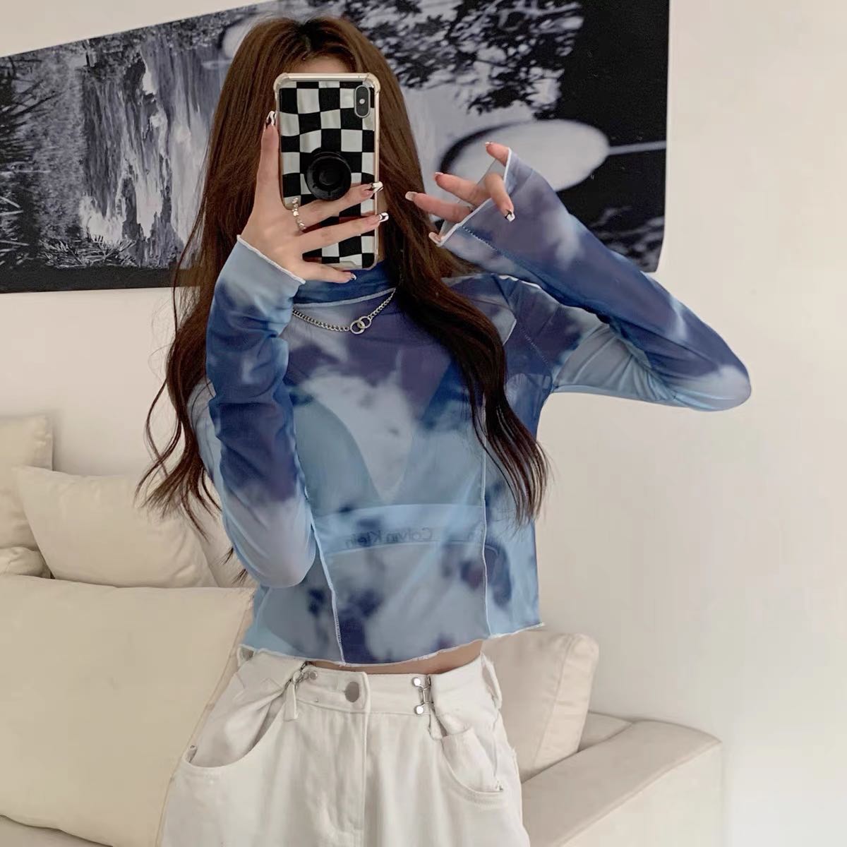 พร้อมส่ง🖤[I3]เสื้อครอปซีทรูคอเต่า(สีฟ้า)