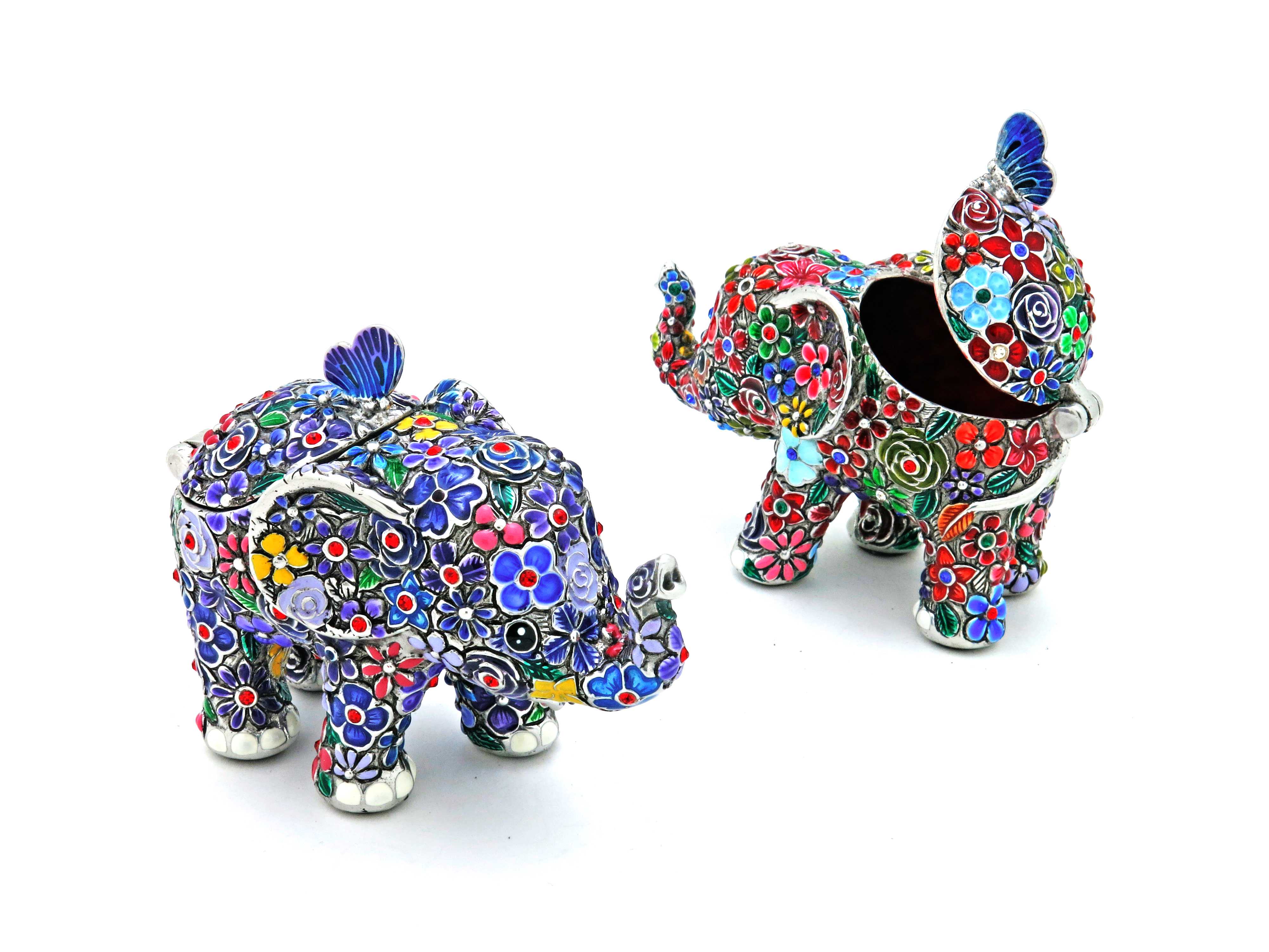 BX111.01 กล่อง ช้าง ลายดอกไม้ ลงสีฝังพลอย 4.5x9x7 cm. Flowers elephant jewelry box with Gemstone