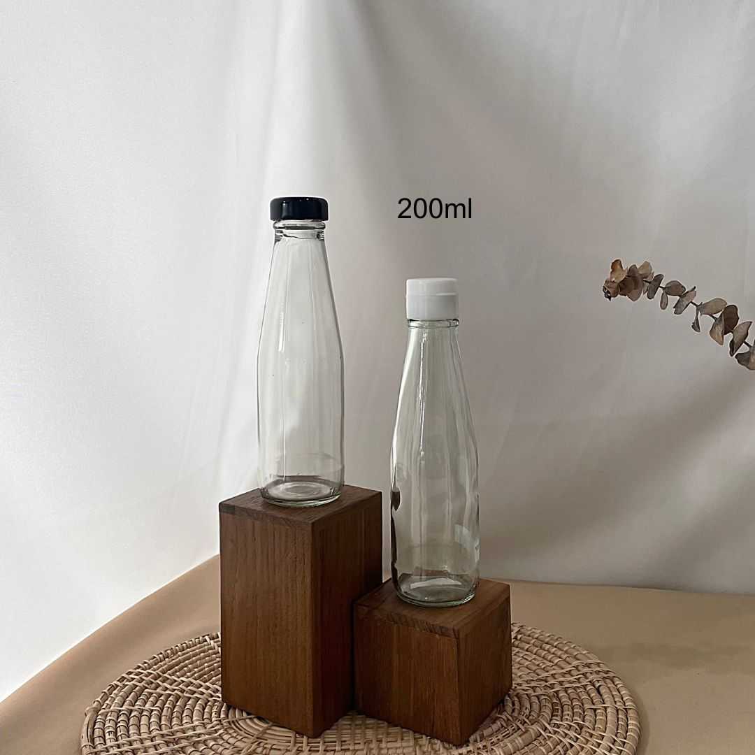 ขวดแก้วทรงจรวด 200ml +ฝาเกลียวล็อค30mm หรือ ฝาซอสพลาสติก(ฝารูน้ำปลา/ฝาซอสน้ำมันหอย)