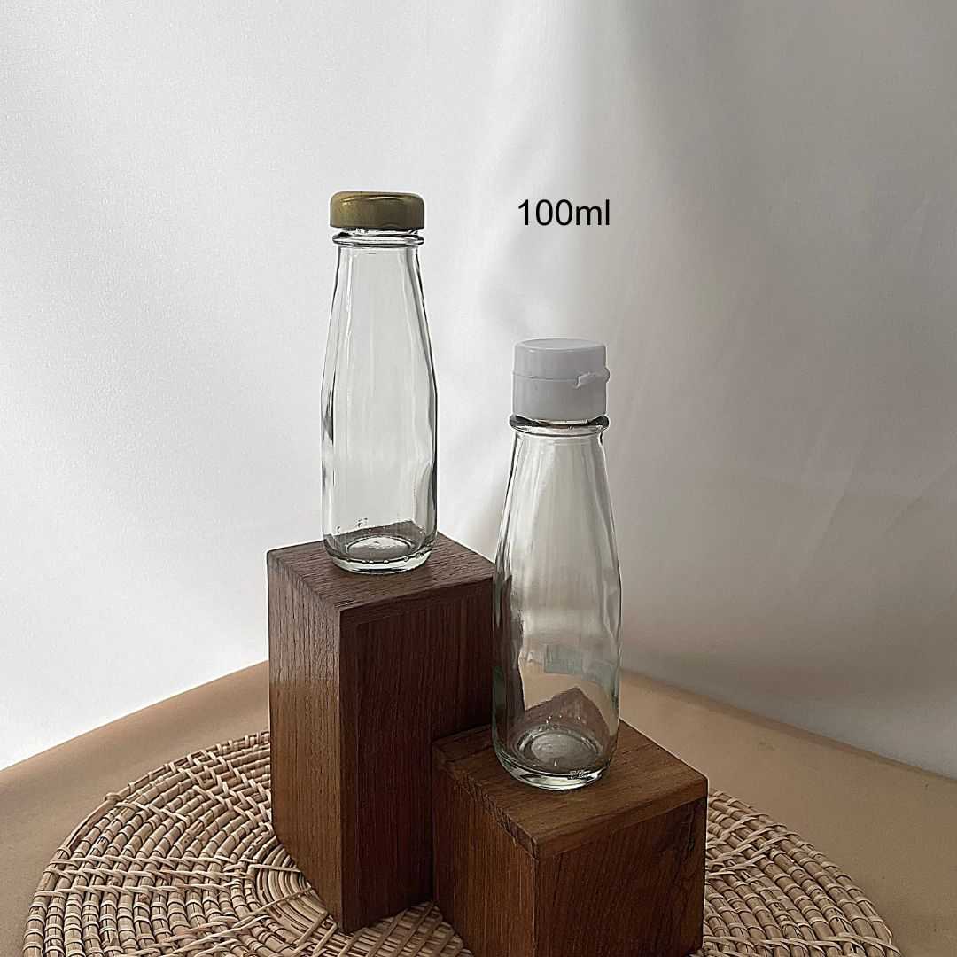 ขวดแก้วทรงจรวด 100ml +ฝาเกลียวล็อค30mm หรือ ฝาซอสพลาสติก(ฝารูน้ำปลา/ฝาซอสน้ำมันหอย)