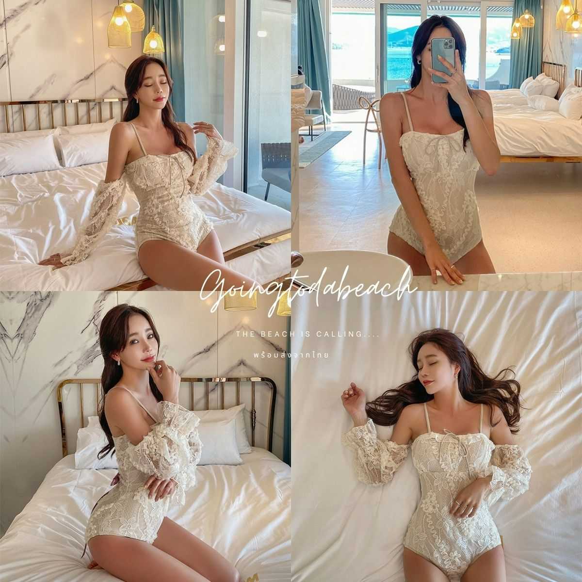 ᴏɴᴇ-ᴘɪᴇᴄᴇ sᴡɪᴍsᴜɪᴛ • ชุดว่ายน้ำวันพีชลูกไม้แต่งโบว์สีม่วงด้านหลัง แขนสามารถใส่และถอดออกได้