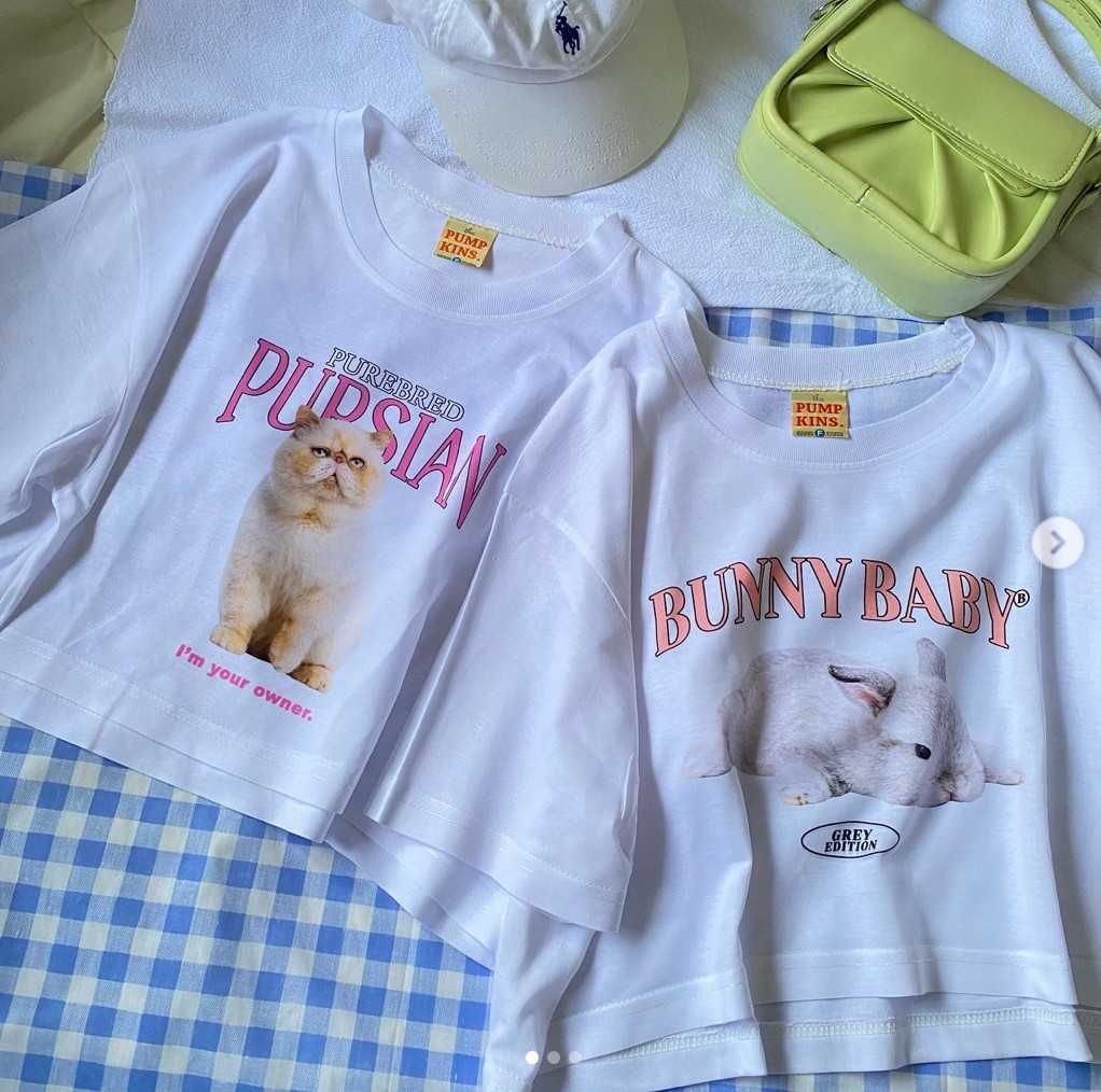 เสื้อยืดครอป มือ1 ลายน้องแมว/น้องกระต่าย