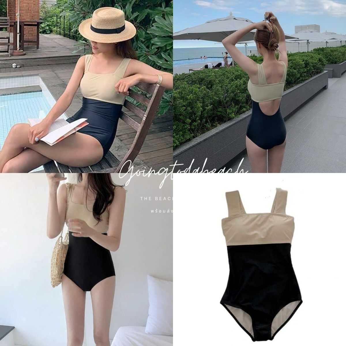 ᴏɴᴇ-ᴘɪᴇᴄᴇ sᴡɪᴍsᴜɪᴛ • ชุดว่ายน้ำวันพีชทรงเสื้อกล้าม สีทูโทน เบจ-ดำ เว้าหลังเล็กน้อย น่ารักสายเกา