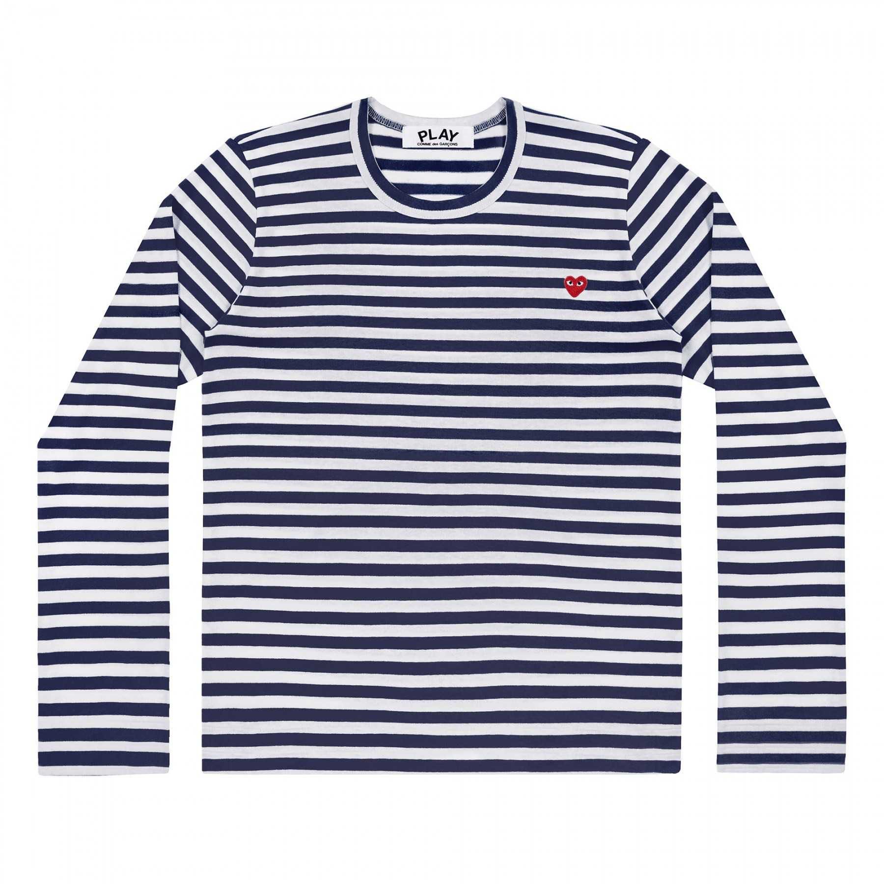 PLAY COMME des GARÇONS : เสื้อยืด Play Comme ลายขวางกรมหัวใจแดงจิ๋ว (ของแท้จากญี่ปุ่น 100%)