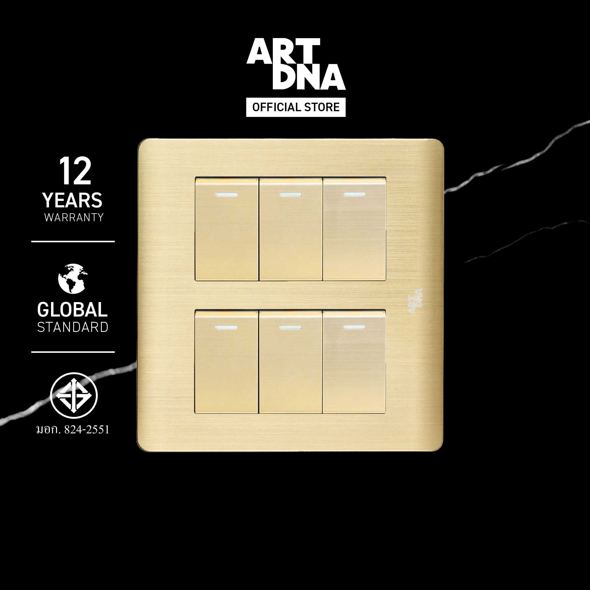 ART DNA รุ่น A85 Switch 6 Gang Size S สีทอง ขนาด 4x4 สวิตซ์ไฟโมเดิร์น สวิตซ์ไฟสวยๆ ปลั๊กไฟสวยๆ