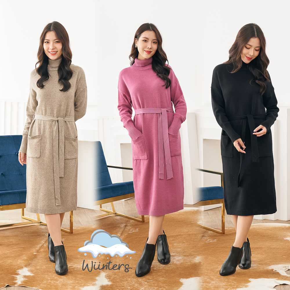 [ Seoul Knitted Dress ]​ เดรสไหมพรมคอเต่า + สายคาดเอว