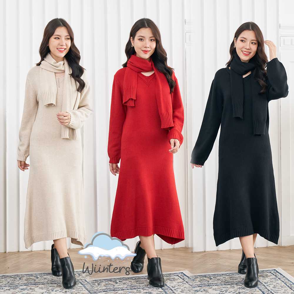 [ Tokyo Knitted Dress ]​ เดรสไหมพรม มาพร้อม ผ้าพันคอ