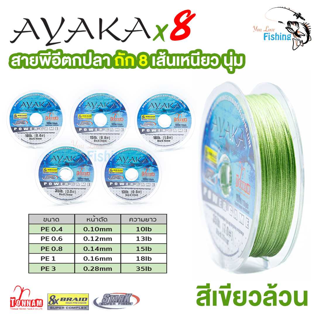 สายพีอีตกปลา AYAKA ถัก 8 จากค่าย Tonnam สีเขียวล้วน เส้นเล็ก เหนียว ลื่น มีให้เลือก 5 เบอร์