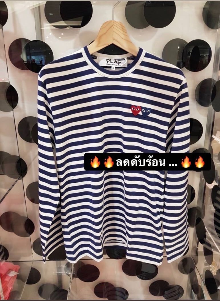 PLAY COMME des GARÇONS : เสื้อยืด Play Comme ลายขวางน้ำเงินกรมหัวใจคู่ (ของแท้จากญี่ปุ่น 100%)