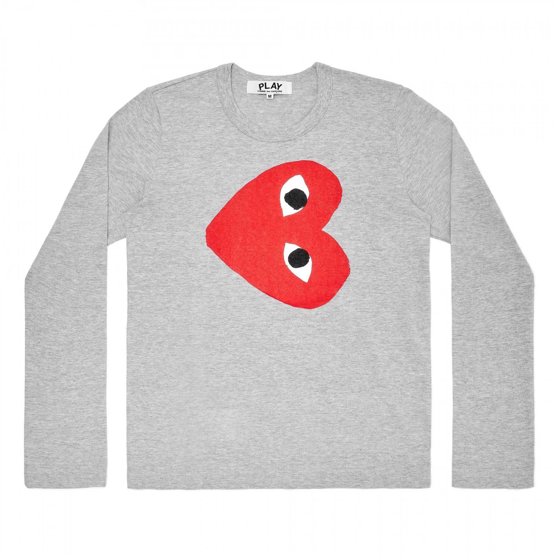 PLAY COMME des GARÇONS : เสื้อยืด Play Comme พื้นเทาหัวใจแดงแขนยาว (ของแท้จากญี่ปุ่น 100%)