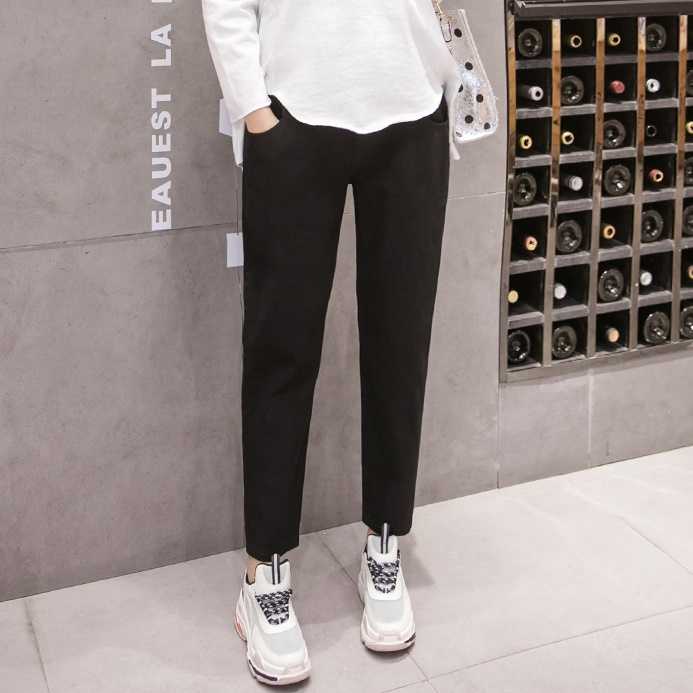 กางเกงขายาวใส่ทำงานสำหรับคนท้อง มีสายปรับ ผ้าคอตตอนอย่างดี - สีดำ