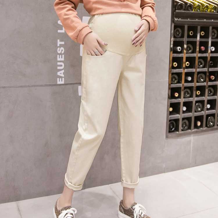 กางเกงขายาวใส่ทำงานสำหรับคนท้อง มีสายปรับ ผ้าคอตตอนอย่างดี - สีครีม