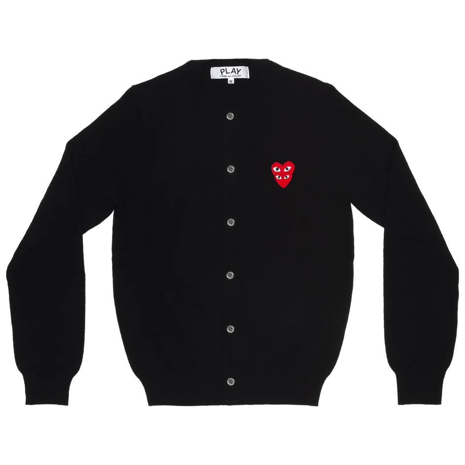 PLAY COMME des GARÇONS : เสื้อคาดิแกน Play Comme คอกลมสีดำหัวใจแดงซ้อน (ของแท้จากญี่ปุ่น 100%)