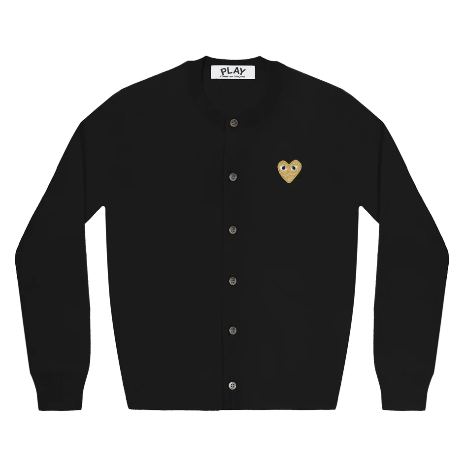 PLAY COMME des GARÇONS : เสื้อคาดิแกน Play Comme คอกลมสีดำหัวใจทอง (ของแท้จากญี่ปุ่น 100%)
