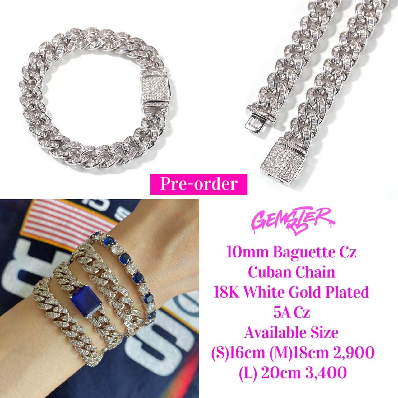 [Pre-order 30+ days] 10mm Baguette Cz Cuban Chain Bracelet