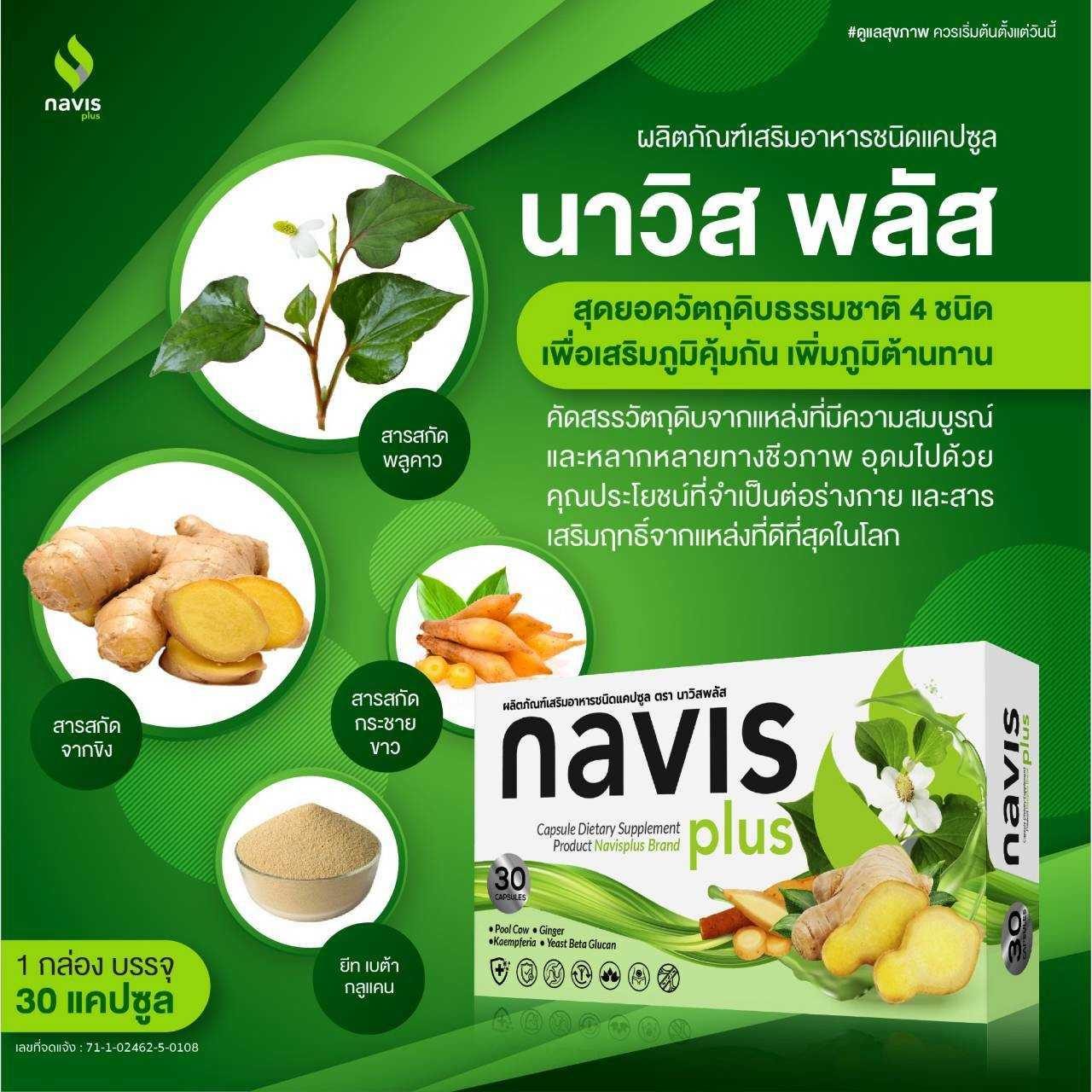 2แถม1 ผลิตภัณฑ์เสริมอาหารNAVISPLUSสารสกัดพลูคาว,กระชายขาว,ขิงและเบต้ากลูแคนจากยีสต์