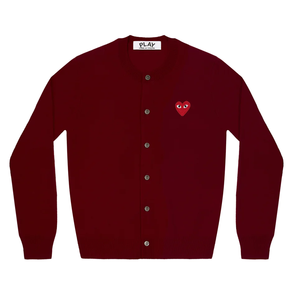 PLAY COMME des GARÇONS : เสื้อคาดิแกน Play Comme คอกลมสีแดงเลือดหมูหัวใจแดง (ของแท้จากญี่ปุ่น 100%)