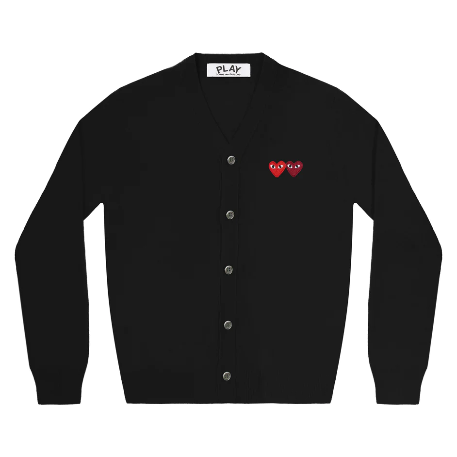 PLAY COMME des GARÇONS : เสื้อคาดิแกน Play Comme คอวีสีดำหัวใจคู่ (ของแท้จากญี่ปุ่น 100%)