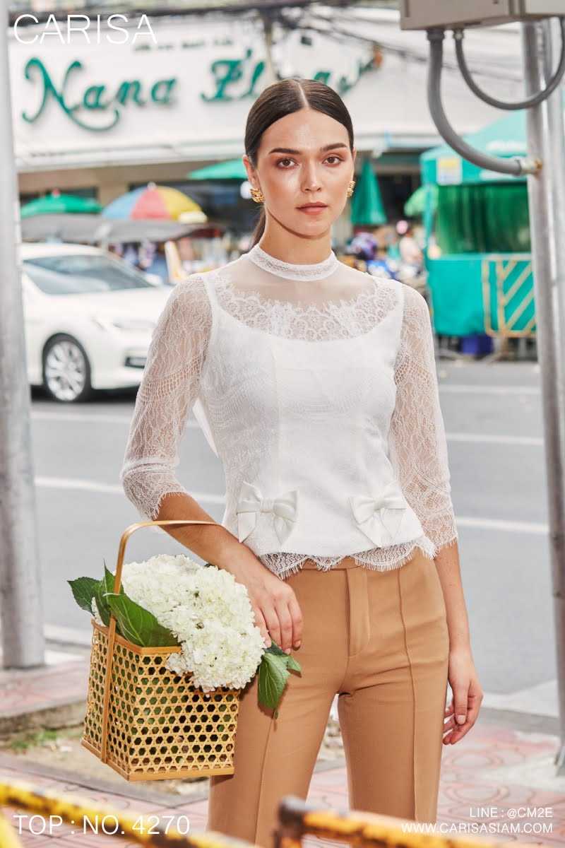 เสื้อลูกไม้ฝรั่งเศสแท้ เนื้อนิ่ม เกรดพรีเมียม แขนสามส่วน ดูทันสมัยมาก [4270]