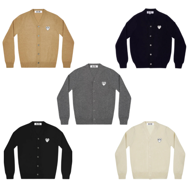 PLAY COMME des GARÇONS : เสื้อคาดิแกน Play Comme คอวีหัวใจขาว (ของแท้จากญี่ปุ่น 100%)