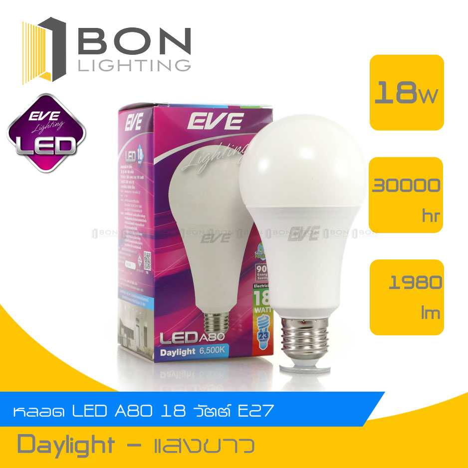 EVE หลอดไฟ LED 18W รุ่น A80 ขั้ว E27 ไฟกลม LedBulb สำหรับวัตต์สูงและโคมใหญ่ โปรพิเศษ!!! ลดล้างสต๊อก
