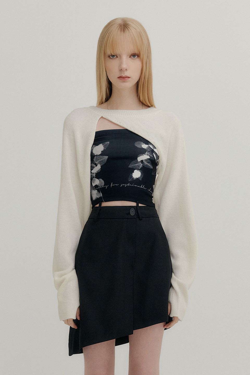 (Pre) Yuse Cashmere signature unbalance bolero knit top