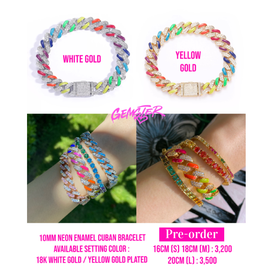 [Pre-order 30+ days] 10mm Neon Enamel with White Gems Cuban Chain Bracelet (2 settings)