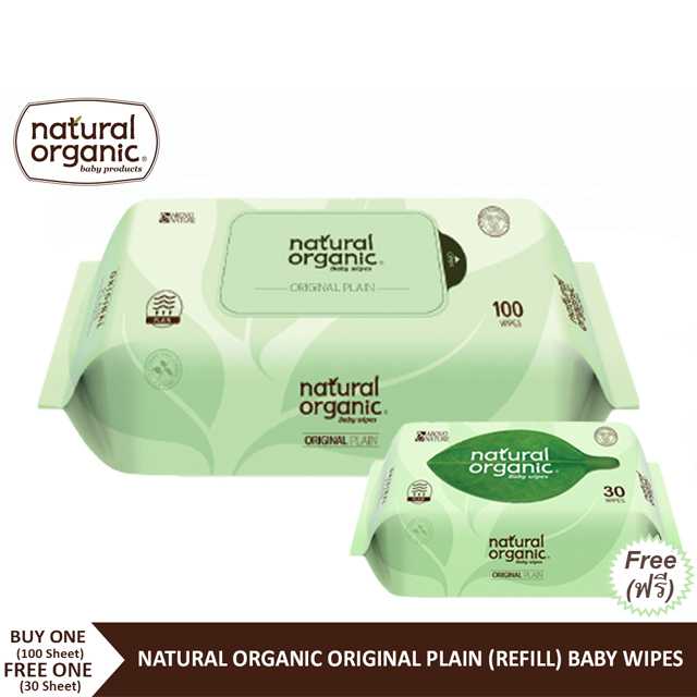 Natural Organic Original Plain Baby Wipes (Refill/100แผ่น) ทิชชูเปียกรุ่นออริจินอลห่อใหญ่ ซื้อ1 แถม1