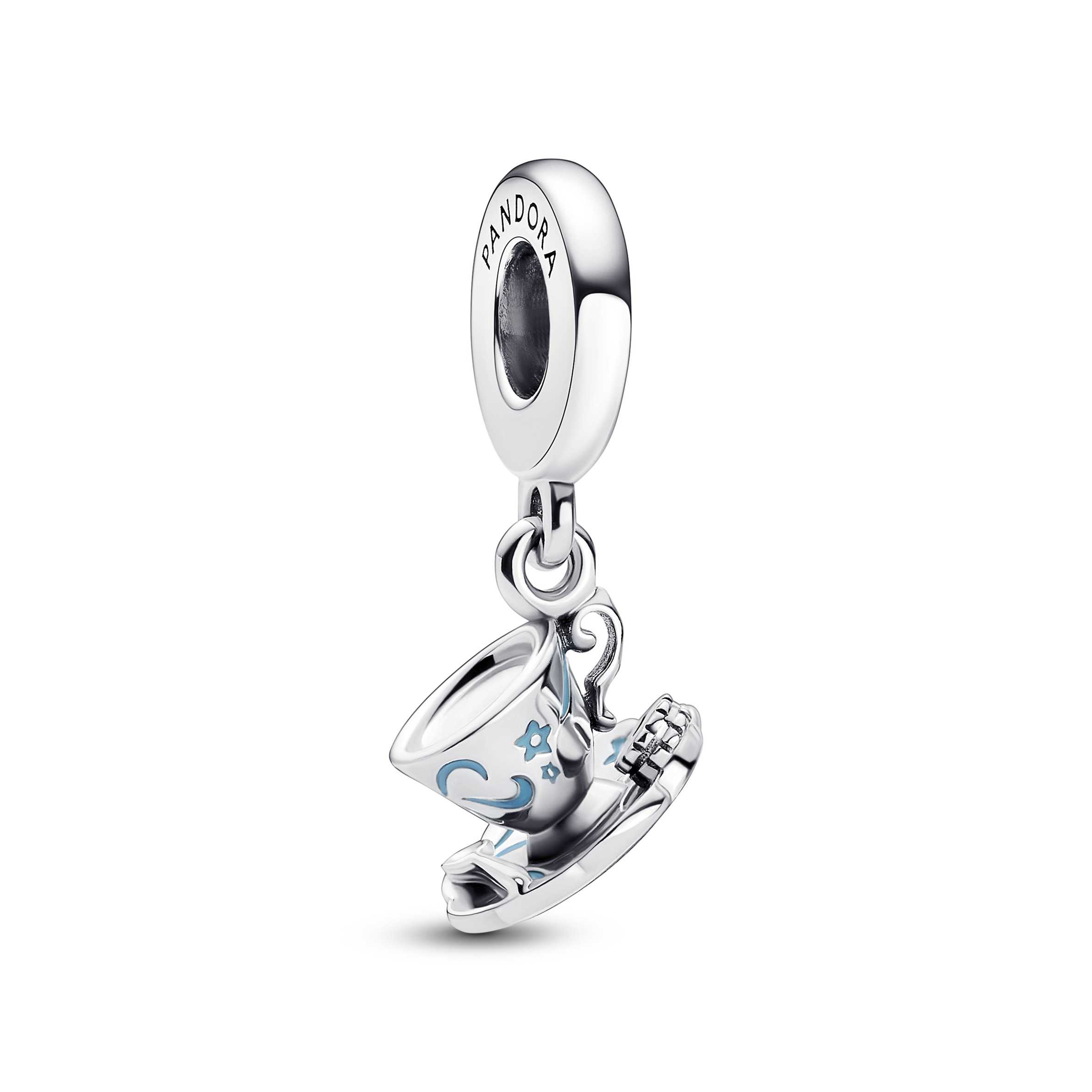 Tea cup sterling silver dangle with blue enamel