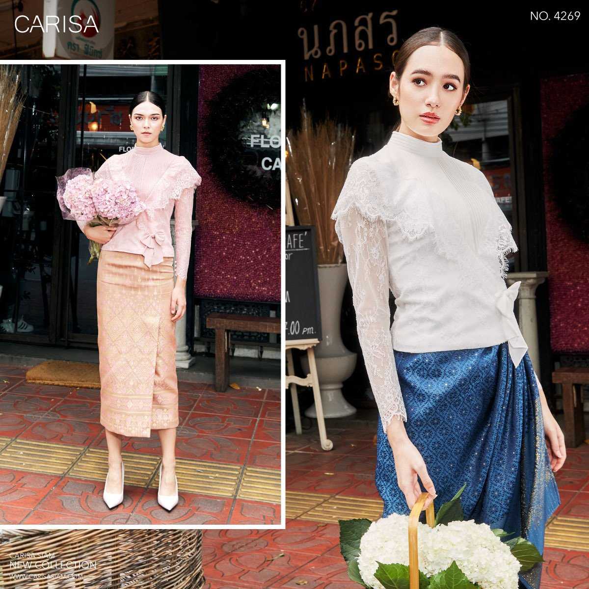 เสื้อลูกไม้ฝรั่งเศส เนื้อนิ่มใส่สบายมาก แต่งด้วยโบว์ช่วงเอว ใช้ผ้าพีซช่วงอก [4269]