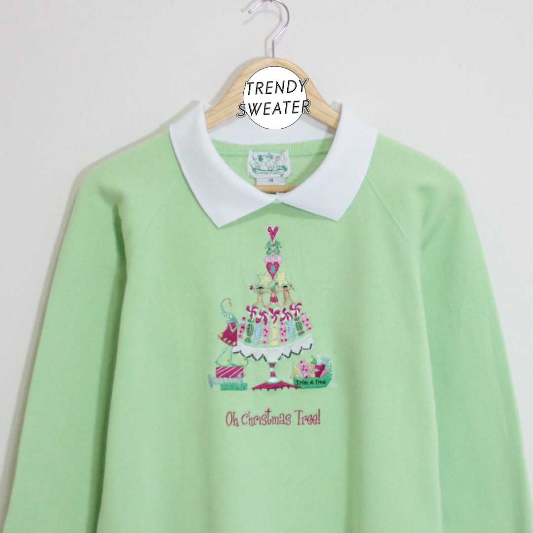 สเวตเตอร์ คอปก มือ 2 ลายเสื้องานปัก สีเขียวพาสเทล Size S