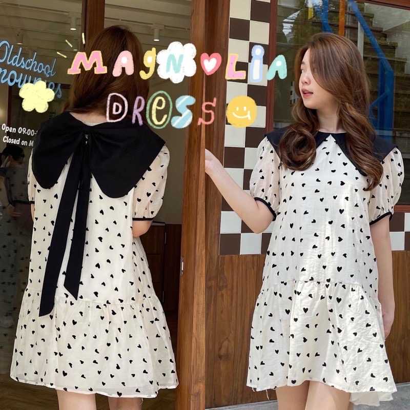 chuuchop_พร้อมส่ง(C7841)🧸🎀🗝Magnolia heart dress ชุดเดรสสีเบจลายหัวใจ แต่งโบว์ใหญ่หลังเดรส