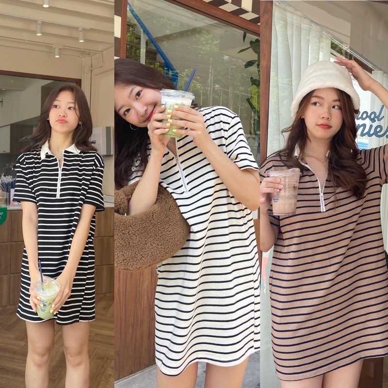 chuuchop_พร้อมส่ง(C7843)🥣🧤✨Caramel macchiato dress ชุดเดรสโปโลลายทาง มี3สี