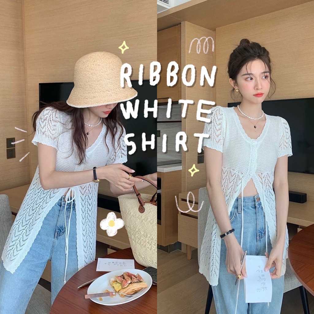 chuuchop_พร้อมส่ง(C7798)✨👀🌸Ribbon white shirt เสื้อแขนสั้นไหมพรมสีขาว แต่งรูดช่วงเอว