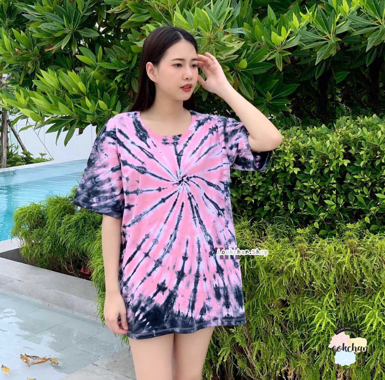 เสื้อ มัดย้อม Cotton100% สีชมพูดำ