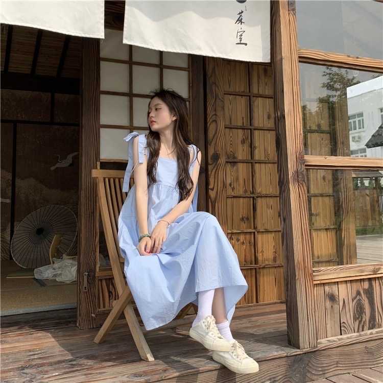 CHUUCHOP_พร้อมส่ง(C6959) 🌈☀️BLUE MOON dress เดรสยาวสายเดี่ยวโบว์ มี2สี